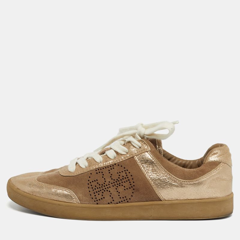 Tory Burch Beige/Gold Suede And Metallic Leather Perforated Logo Sneakers Size